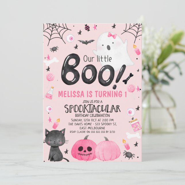 Pink Black Girl Unser kleines Boo Halloween Geburt Einladung (Stehend Vorderseite)