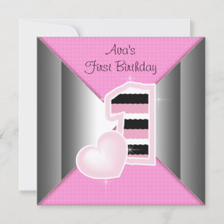 Pink Black Girls 1. Geburtstag Party Einladung