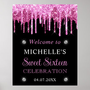 Pink & Black Glitter Sweet 16 Willkommensschild Poster