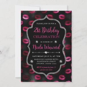Pink & Black Glitzer Lipstick, 21. Geburtstag Einladung