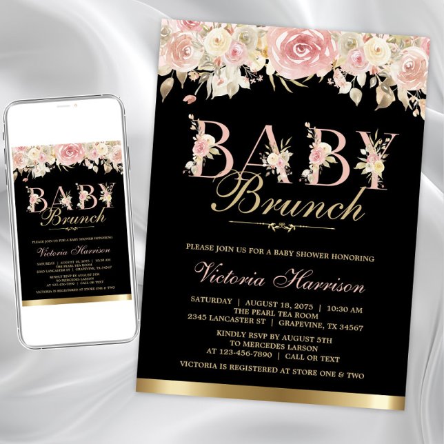 Pink Black Gold Floral Girl Babydusche Brunch Einladung (Baby brunch baby shower invitation. Instant download and printed invitations available.)