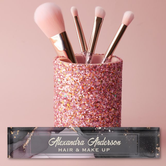 Pink Black Gold Glitzer Agate Marble Abstrakt Namensplakette (Pink Black Gold Glitter Agate Marble Abstract Desk Name Plate)