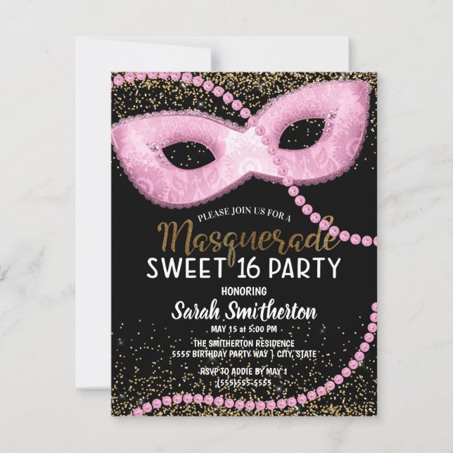 Pink Black Gold Glitzer Masquerade Sweet 16 Einladung (Vorderseite)
