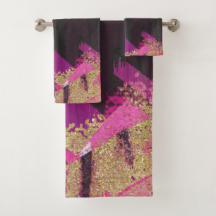 Pink Black Gold Glitzer Moderner Brush Glam Grunge Badhandtuch Set