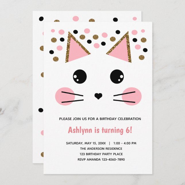 Pink Black Gold Glitzern Cat Geburtstag Einladung (Vorne/Hinten)