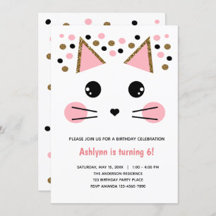 Pink Black Gold Glitzern Cat Geburtstag Einladung