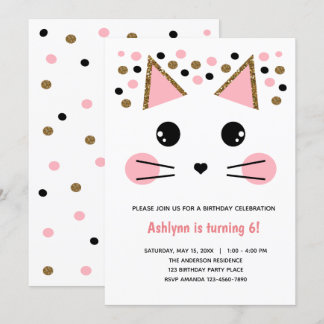 Pink Black Gold Glitzern Cat Geburtstag Einladung