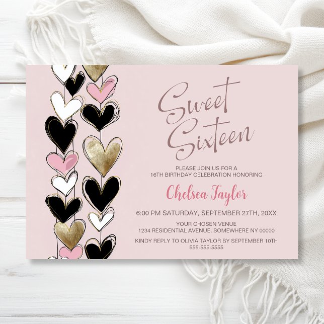 Pink Black Gold Heart Theme Sweet 16 Birthday Einladung (Von Creator hochgeladen)