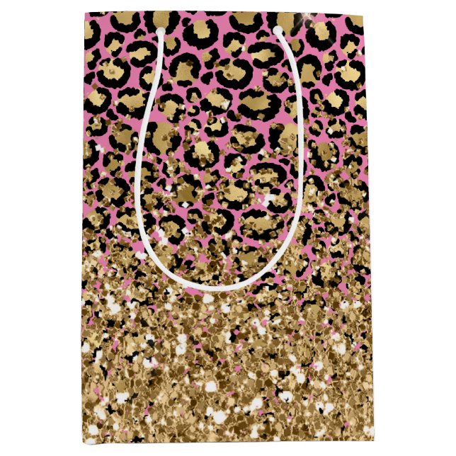 Pink Black Gold Leopard Glitzer Mittlere Geschenktüte (Vorderseite)