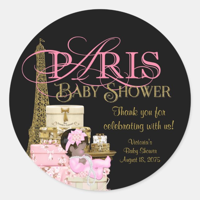 Pink Black Gold Paris Baby Dusche Vielen Dank Runder Aufkleber (Vorderseite)