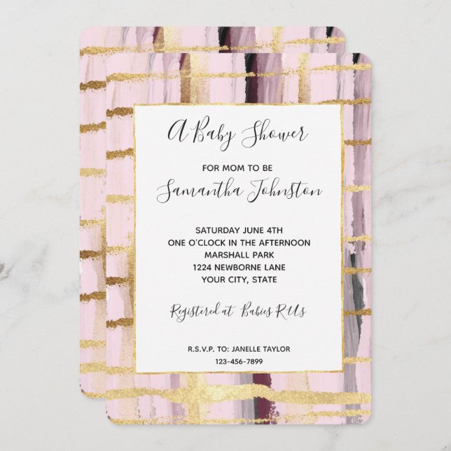 Pink Black Gold Streifen Babydusche Einladung (Vorne/Hinten)