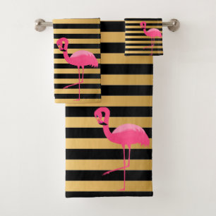 PINK BLACK GOLD STRIPE FLAMINGO BADEZIMMER TOWEL S BADHANDTUCH SET