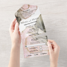 Pink Black Gold Watercolor Chic Moderne Hochzeit All In One Einladung