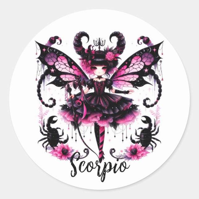 Pink Black Gothic Fairy Scorpio Astrologie Zodiac Runder Aufkleber (Vorderseite)