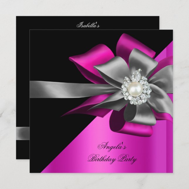 Pink Black Gray Silver Bow Pearl Birthday Party Einladung (Vorne/Hinten)