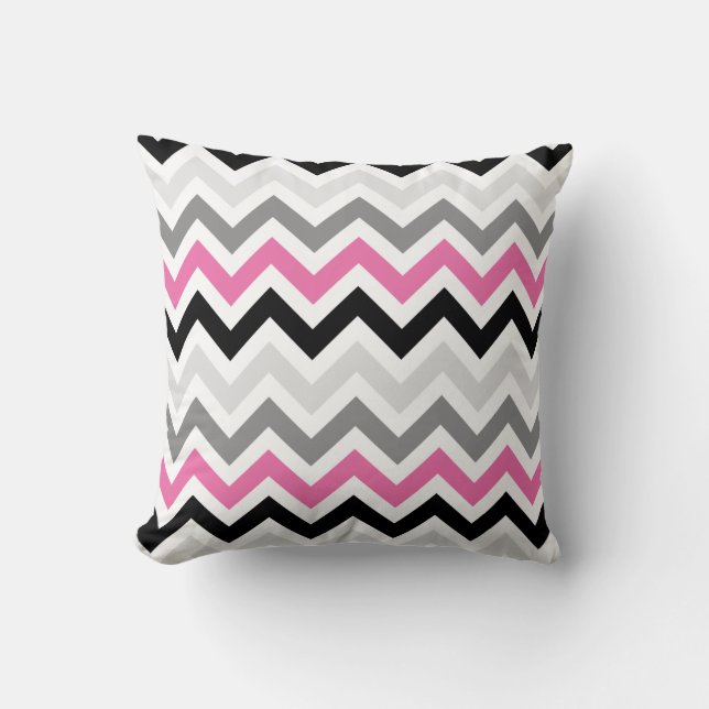 Pink Black Gray Zickzack Zigzag Muster Kissen (Vorderseite)