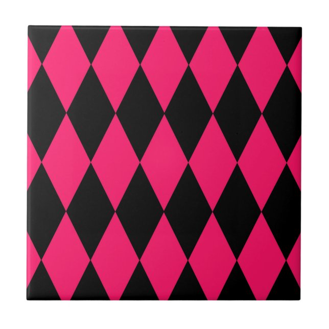 Pink Black Harlequin Diamonds Checkers Design  Fliese (Vorderseite)