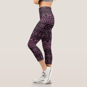 Pink Black Hawaiian Tribal Muster Capri Leggings