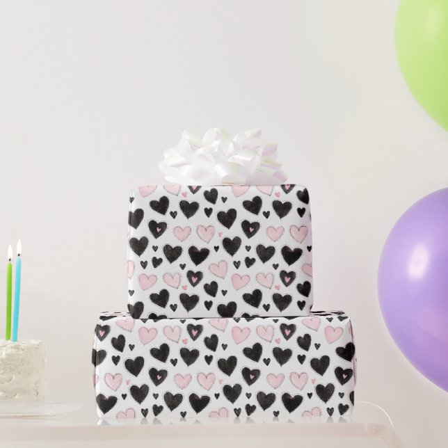 Pink Black Hearts Geburtstag Geschenkpapier (Partygeschenke)