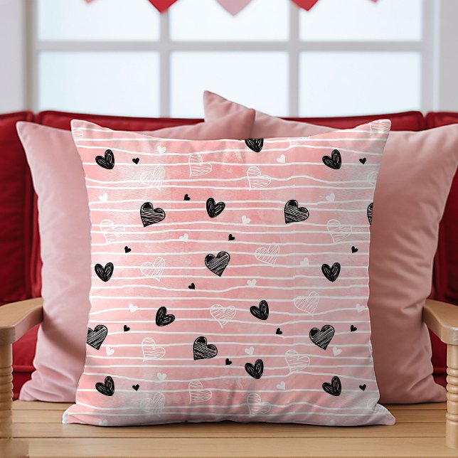 Pink Black Hearts Sketch Pillow Best Valentine’s  Kissen (Best Valentine’s Gift Pillow Pink Black Hearts Love)