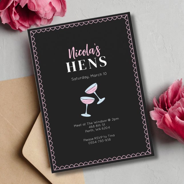 Pink Black Hens Party Cocktail Glas Einladung (Von Creator hochgeladen)