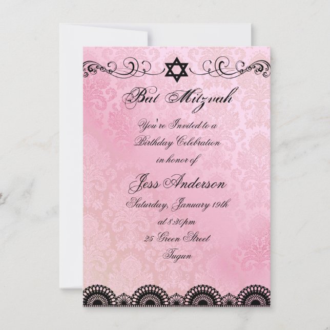 Pink & Black Lace Bat Mitzvah Birthday Einladung (Vorderseite)
