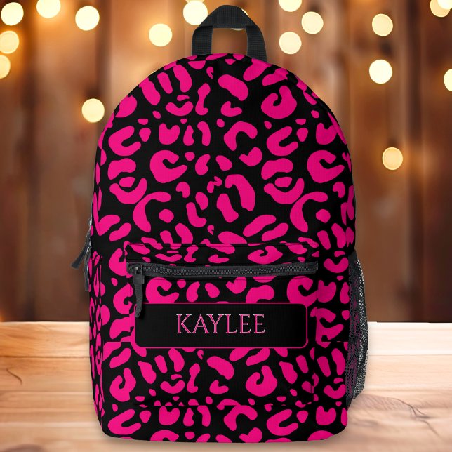 Pink & Black Leopard Animal Print Individuelle Nam Bedruckter Rucksack (Von Creator hochgeladen)