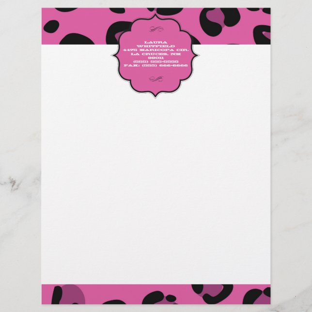 Pink Black Leopard Cheetah Letterhead Stationierun Briefkopf (Vorderseite)