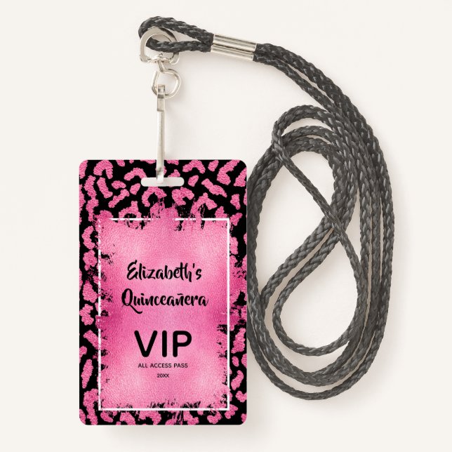 Pink Black Leopard Quinceañera Einladen VIP Pass Ausweis (Vorderseite mit Schlüsselband)
