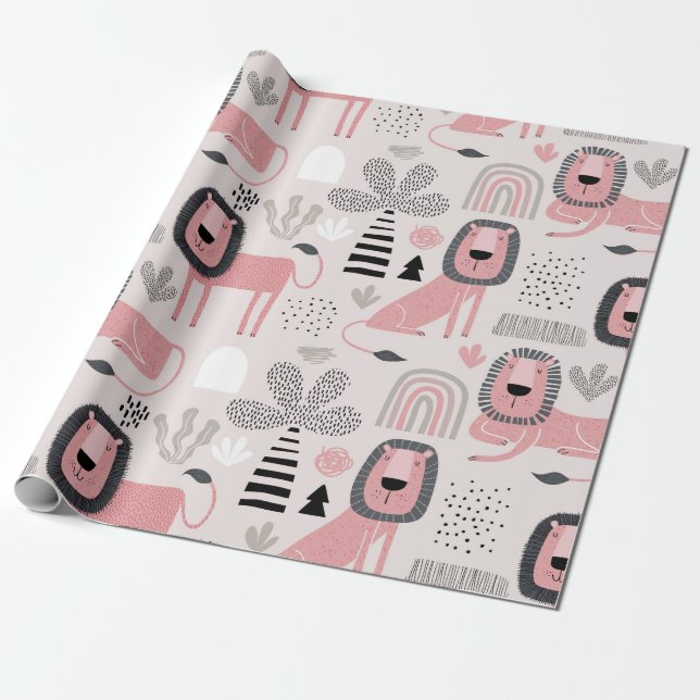 Pink Black Lions Boho Modern Baby Kids Geschenkpapier (Ungerollt)
