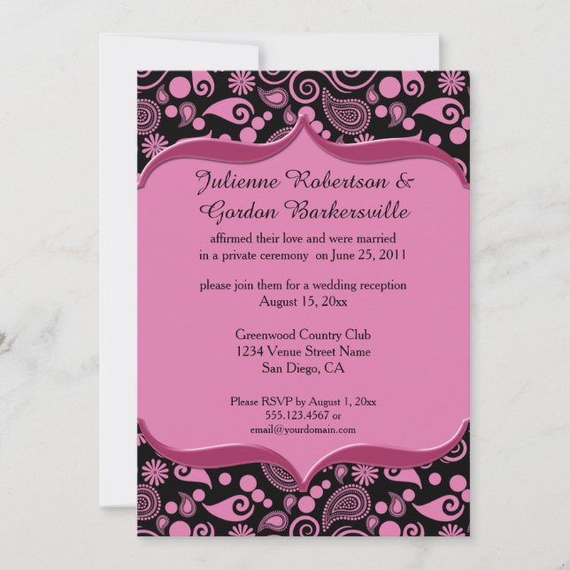 Pink Black Paisley Verziert Pink Frame Post Weddin Einladung (Vorderseite)