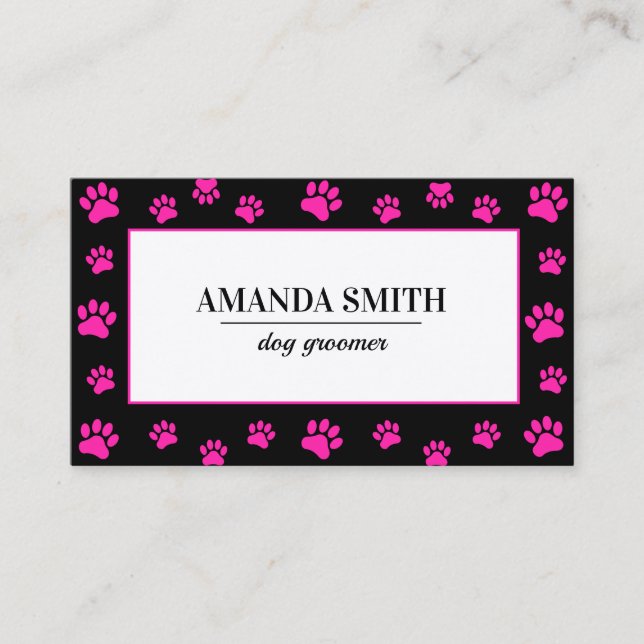 Pink & Black Paw Prints Dog Groomer Business Card Visitenkarte (Vorderseite)