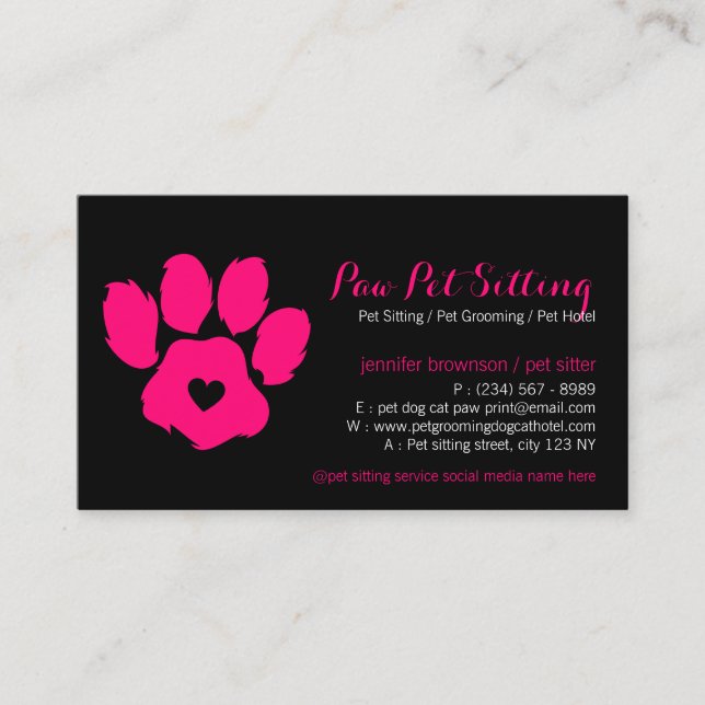 Pink Black Pet Sitter Social Media Hund Katze Paw Visitenkarte (Vorderseite)