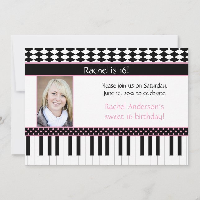Pink Black Piano Thema Sweet 16 Geburtstag Einladung (Vorderseite)