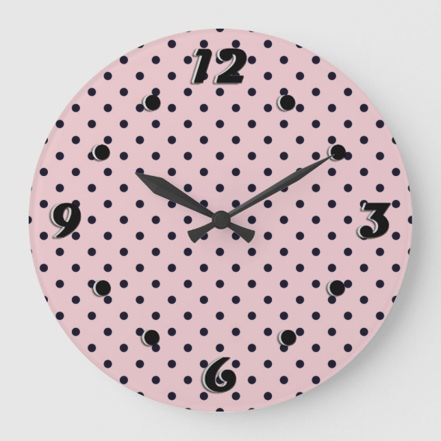 Pink Black Polak Dot Große Wanduhr (Vorderseite)