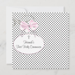 Pink Black Polka Dot Cross Girls First Communion Einladung
