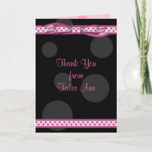Pink Black Polka Dot Ribbon Bat Mitzvah Thank You Dankeskarte