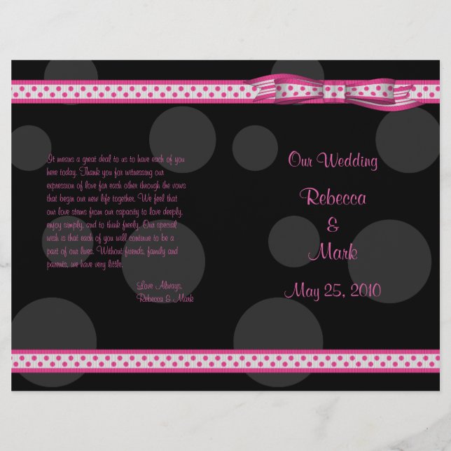 Pink Black Polka Dot Ribbon Bow Hochzeitsprogramm (Vorderseite)