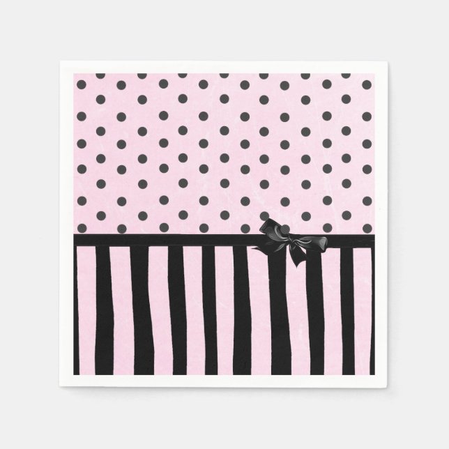 Pink & Black Polka Dot Striptes Party Papier Napki Serviette (Vorderseite)