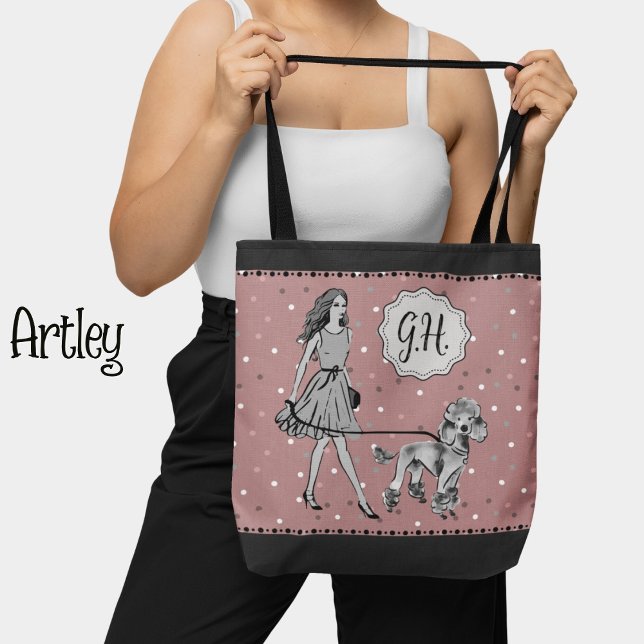 Pink Black Polka Dot Woman Poodle Monogram Initial (Von Creator hochgeladen)