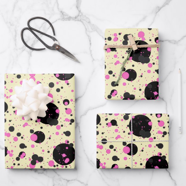 Pink & Black Polka Dot Wrapping Paper  Geschenkpapier Set (Vorderseite)