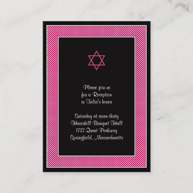 Pink Black Polka Dots Bat Mitzvah Empfang Card Begleitkarte (Vorderseite)