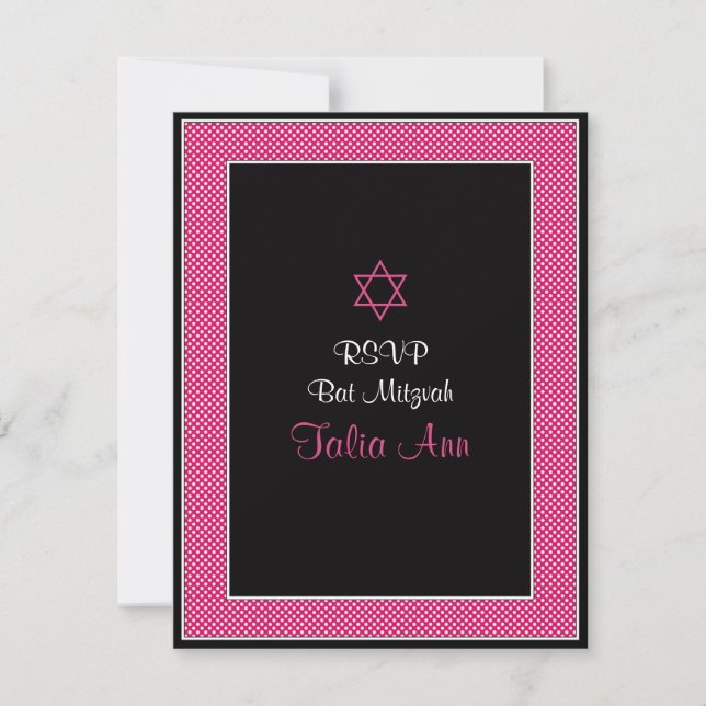 Pink & Black Polka Dots Bat Mitzvah Response Card RSVP Karte (Vorderseite)
