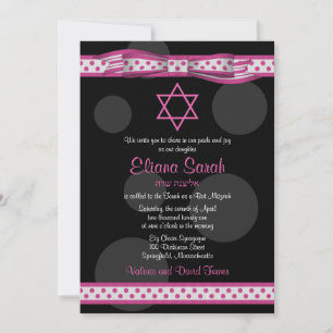Pink Black Polka Dots Bow Bat Mitzvah Einladung