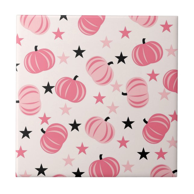 Pink & Black Pumpkin mit Stars Halloween & Autumn Fliese (Vorderseite)