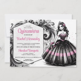 Pink & Black Quinceñera Girl Einladung
