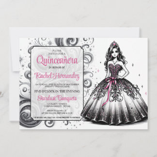 Pink & Black Quinceñera Girl Einladung
