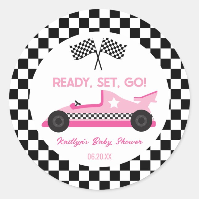 Pink Black Race Auto Ready Set Go Baby Dusche Gefa Runder Aufkleber (Vorderseite)