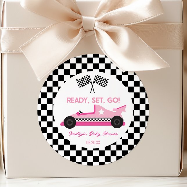 Pink Black Race Auto Ready Set Go Baby Dusche Gefa Runder Aufkleber (Von Creator hochgeladen)