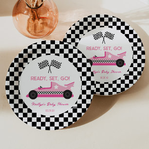 Pink Black Race Auto Ready Set Go Baby Dusche Pappteller